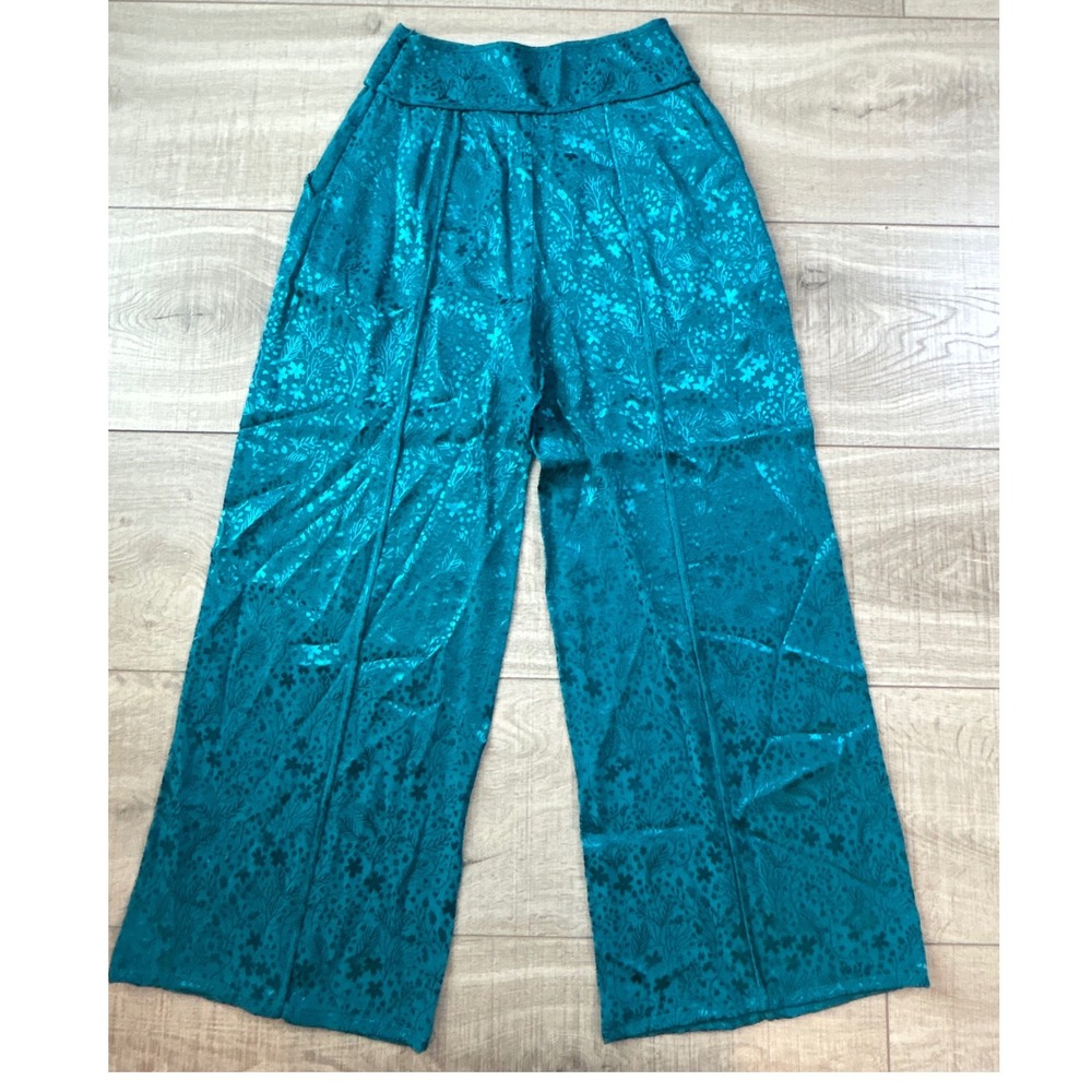 Bebe‎ Deep Lagoon Teal Floral Jacquard Wide Leg High Rise Pants Size 4